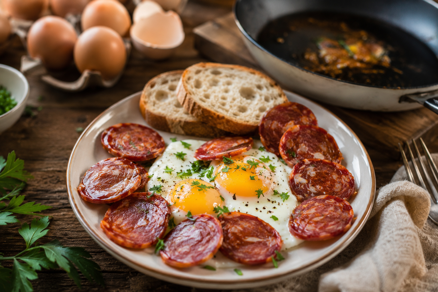 Crispy Breakfast Toast with Salash Bachka Chorizo & Eggs