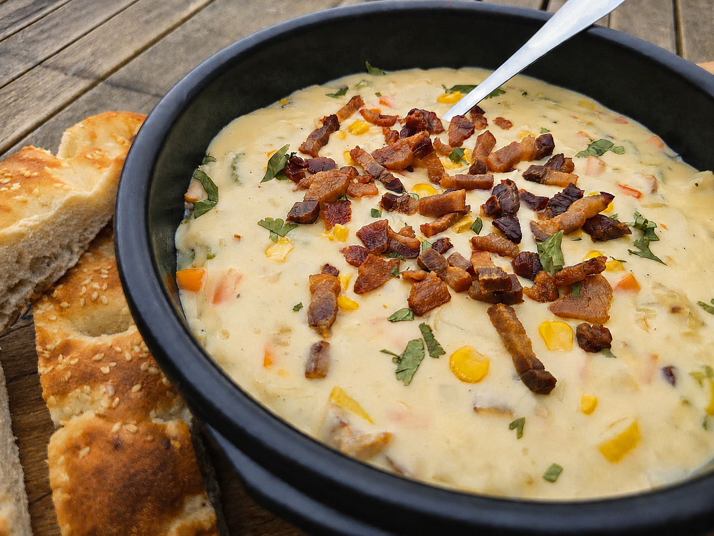 Smokey bacon and corn chowder topped with crispy bacon and herbs, served with golden crusty bread.
